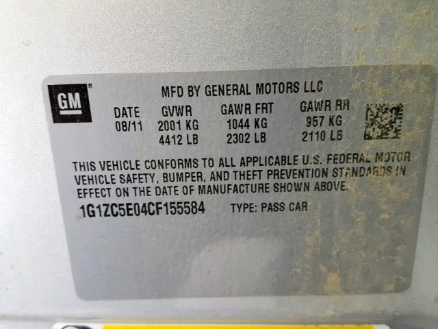 1G1ZC5E04CF155584 - 2012 CHEVROLET MALIBU 1LT 银色 照片 10