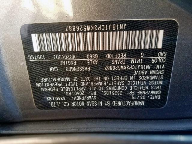 JN1BJ1CP3KW526887 - 2019 NISSAN ROGUE SPOR GRAY photo 10