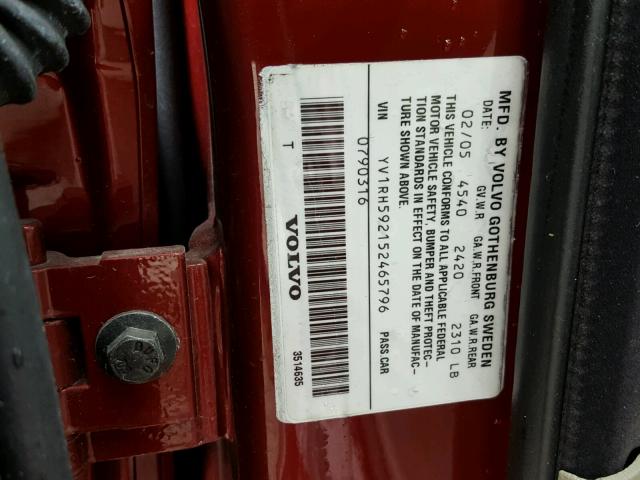 YV1RH592152465796 - 2005 VOLVO S60 2.5T BURGUNDY photo 10