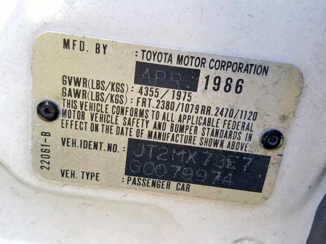 JT2MX73E7G0079974 - 1986 TOYOTA CRESSIDA L WHITE photo 10