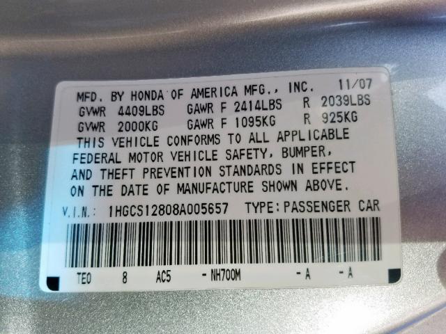 1HGCS12808A005657 - 2008 HONDA ACCORD EXL SILVER photo 10