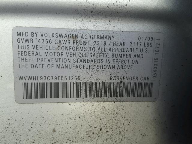 WVWHL93C79E551255 - 2009 VOLKSWAGEN CC LUXURY SILVER photo 10