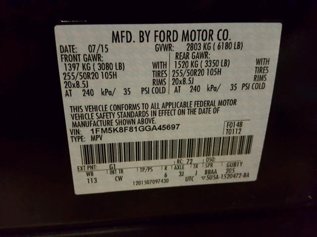 1FM5K8F81GGA45697 - 2016 FORD EXPLORER L BLACK photo 10