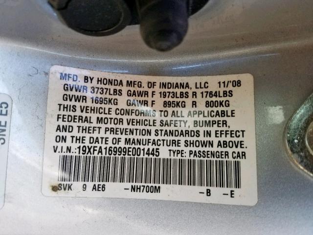 19XFA16999E001445 - 2009 HONDA CIVIC EXL 银色 照片 10