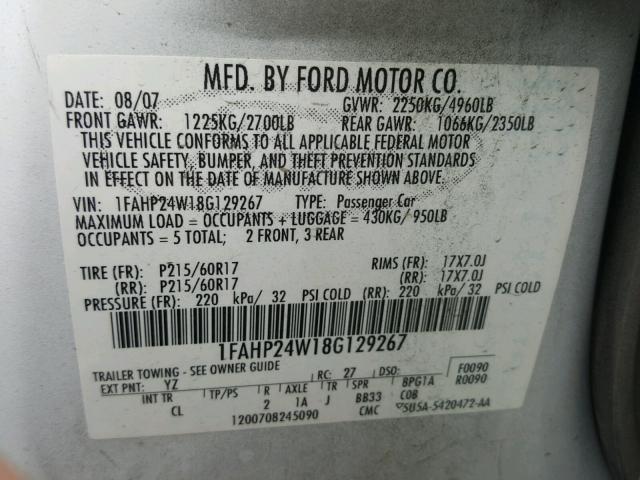 1FAHP24W18G129267 - 2008 FORD TAURUS SEL WHITE photo 10