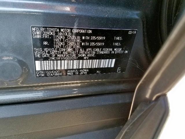 JTMC1RFV1KD020397 - 2019 TOYOTA RAV4 XLE P GRAY photo 10