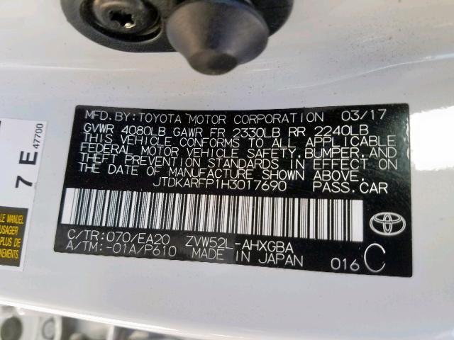 JTDKARFP1H3017690 - 2017 TOYOTA PRIUS PRIM 白色 照片 10