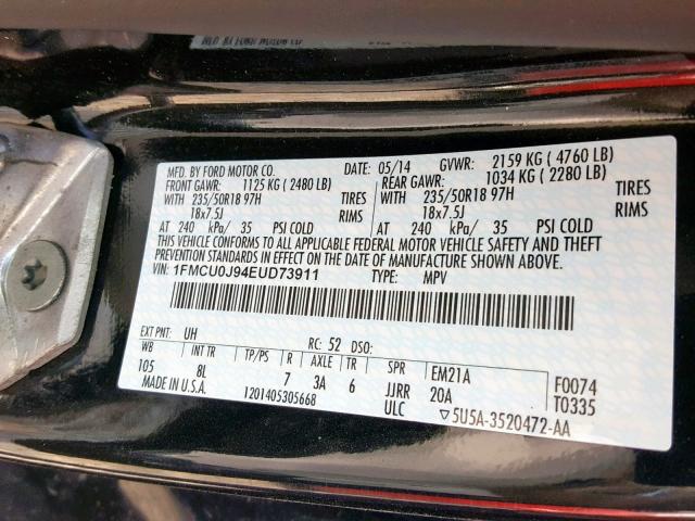 1FMCU0J94EUD73911 - 2014 FORD ESCAPE TIT BLACK photo 10