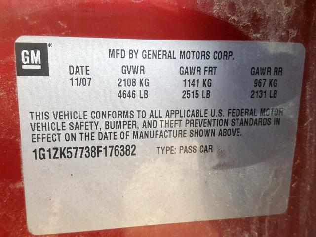 1G1ZK57738F176382 - 2008 CHEVROLET MALIBU LTZ მუქწითელი ფოტო 10