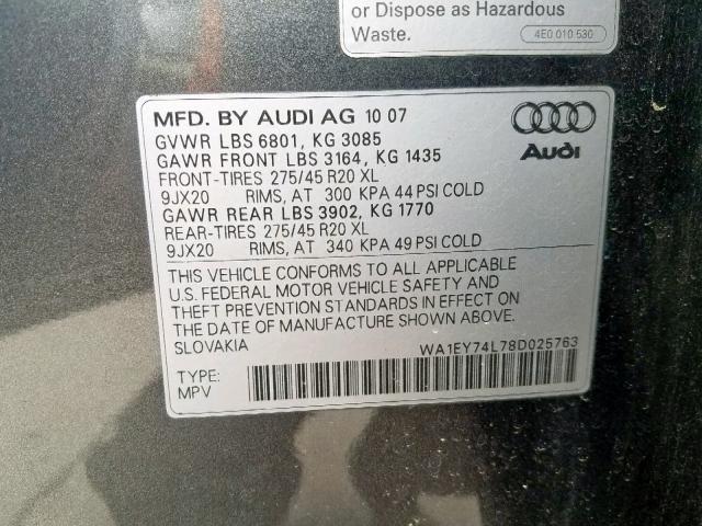 WA1EY74L78D025763 - 2008 AUDI Q7 3.6 QUA GRAY photo 10