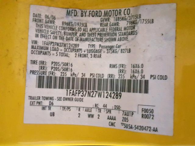 1FAFP37N27W124289 - 2007 FORD FOCUS ZX5 YELLOW photo 10