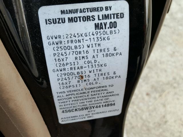 4S6CK58W3Y4414894 - 2000 HONDA PASSPORT E 黑色 照片 10