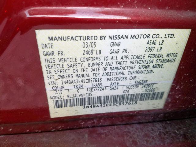 1N4BA41E45C857618 - 2005 NISSAN MAXIMA SE RED photo 10