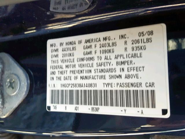 1HGCP25838A140831 - 2008 HONDA ACCORD EXL BLUE photo 10