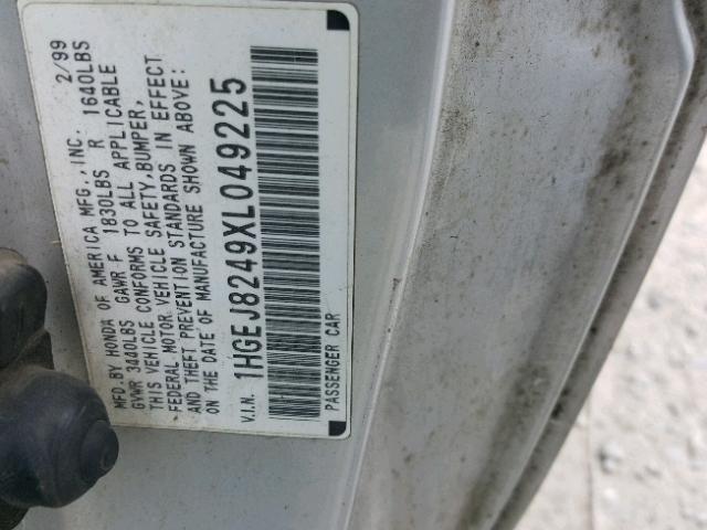 1HGEJ8249XL049225 - 1999 HONDA CIVIC EX 银色 照片 10