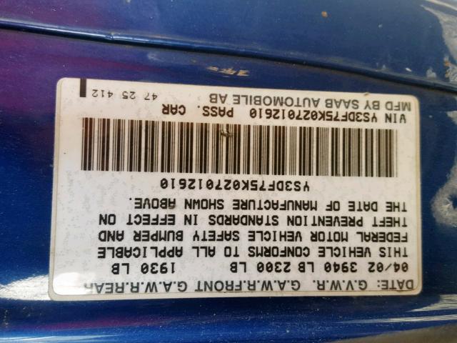 YS3DF75K027012610 - 2002 SAAB 9-3 SE BLUE photo 10