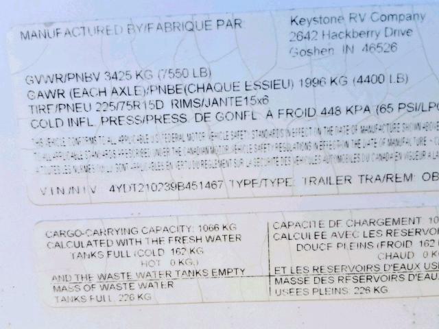 4YDT210239B451467 - 2009 KEYSTONE OUTBACK WHITE photo 10