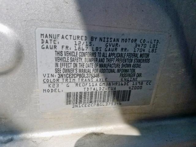 3N1CE2CP8GL375346 - 2016 NISSAN VERSA NOTE SILVER photo 10