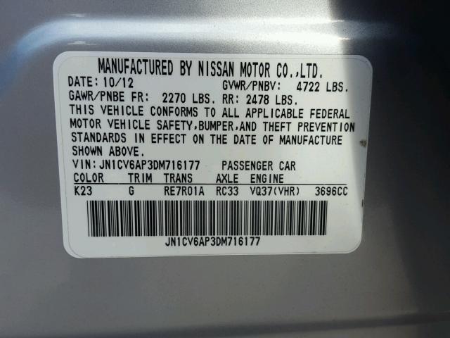 JN1CV6AP3DM716177 - 2013 INFINITI G37 BASE SILVER photo 10