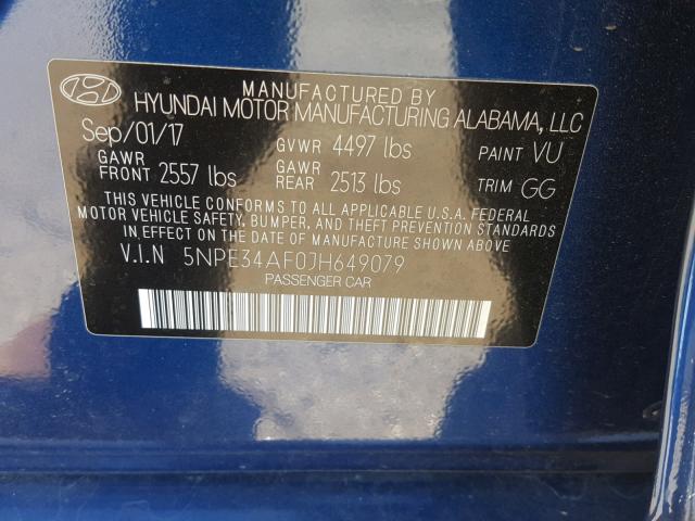 5NPE34AF0JH649079 - 2018 HYUNDAI SONATA SPO BLUE photo 10