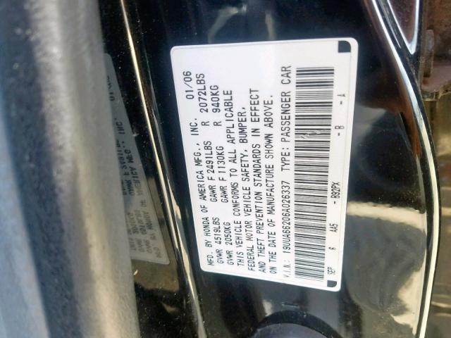 19UUA66206A026337 - 2006 ACURA 3.2TL BLACK photo 10