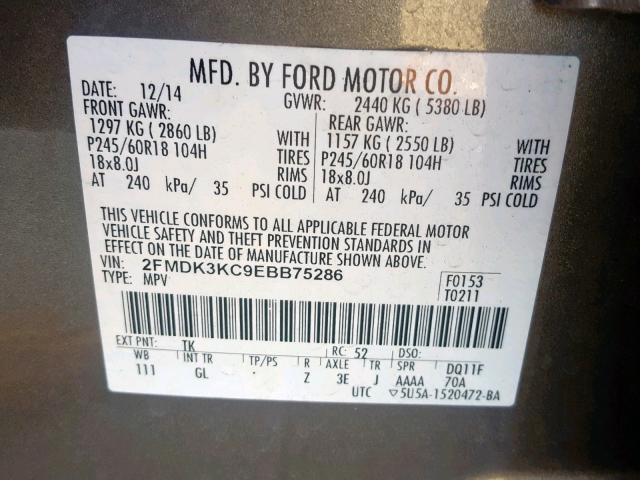 2FMDK3KC9EBB75286 - 2014 FORD EDGE LIMIT CHARCOAL photo 10