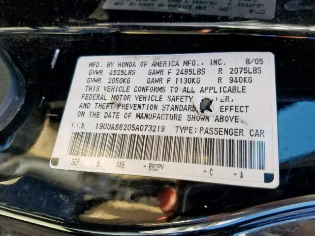 19UUA66205A073219 - 2005 ACURA TL BLACK photo 10