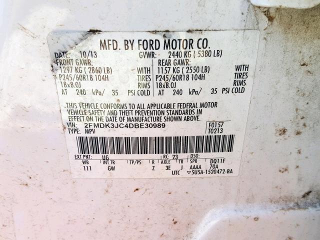 2FMDK3JC4DBE30989 - 2013 FORD EDGE SEL WHITE photo 10