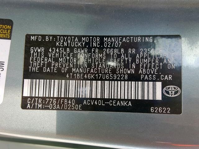 4T1BE46K17U659228 - 2007 TOYOTA CAMRY NEW GREEN photo 10