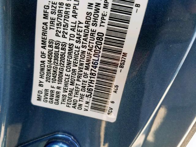 5J6YH18746L002080 - 2006 HONDA ELEMENT EX BLUE photo 10