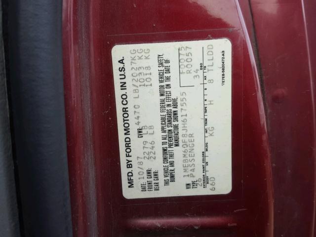 1MEBM60F8JH617555 - 1988 MERCURY COUGAR LS MAROON photo 10