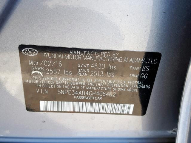 5NPE34AB4GH406462 - 2016 HYUNDAI SONATA SPO GRAY photo 10