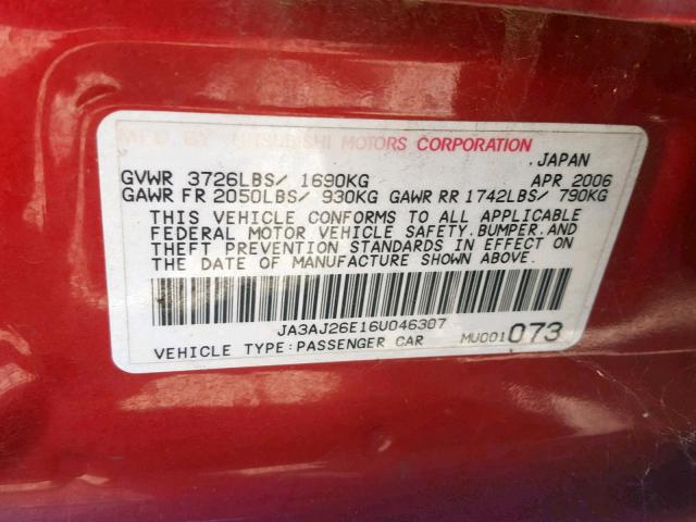 JA3AJ26E16U046307 - 2006 MITSUBISHI LANCER ES RED photo 10