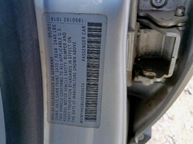 WVWYH63B62E005074 - 2002 VOLKSWAGEN PASSAT GLX SILVER photo 10