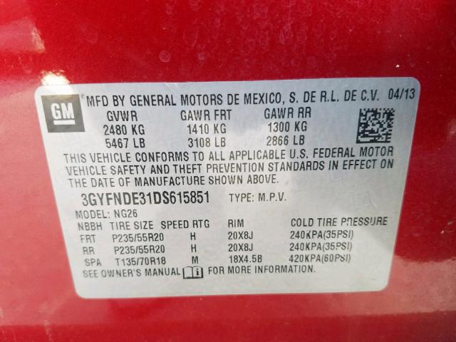 3GYFNDE31DS615851 - 2013 CADILLAC SRX PERFOR RED photo 10