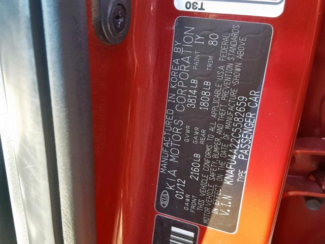 KNAFU4A22C5582659 - 2012 KIA FORTE EX RED photo 10