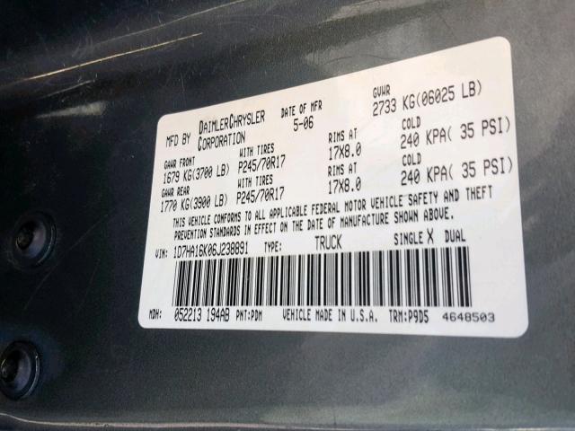 1D7HA16K06J238891 - 2006 DODGE RAM 1500 S GRAY photo 10