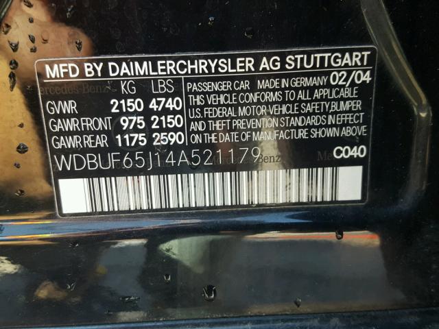 WDBUF65J14A521179 - 2004 MERCEDES-BENZ E 320 BLACK photo 10