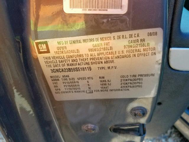 3GNCA23B59S518119 - 2009 CHEVROLET HHR LT GRAY photo 10