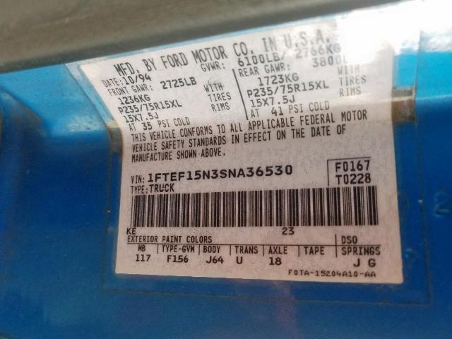1FTEF15N3SNA36530 - 1995 FORD F150 BLUE photo 10