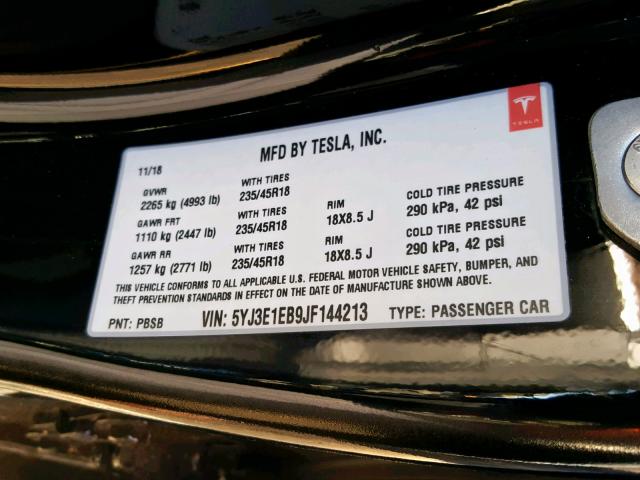 5YJ3E1EB9JF144213 - 2018 TESLA MODEL 3 BLACK photo 10