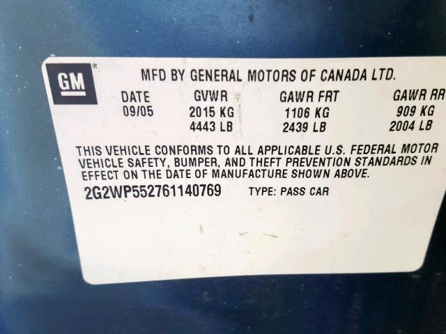 2G2WP552761140769 - 2006 PONTIAC GRAND PRIX BLUE photo 10