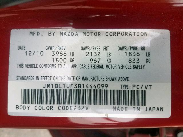 JM1BL1UF3B1444099 - 2011 MAZDA 3 I RED photo 10