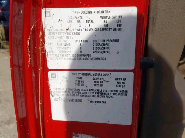 1G2NF12T7YM798457 - 2000 PONTIAC GRAND AM S RED photo 10