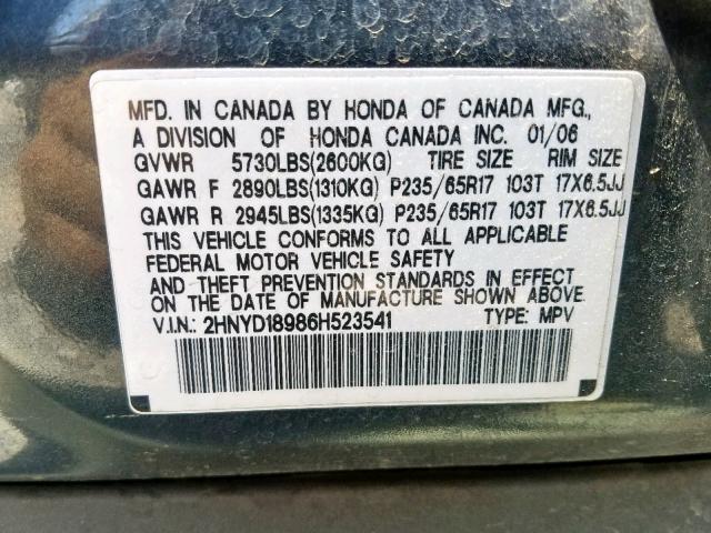 2HNYD18986H523541 - 2006 ACURA MDX TOURIN CHARCOAL photo 10