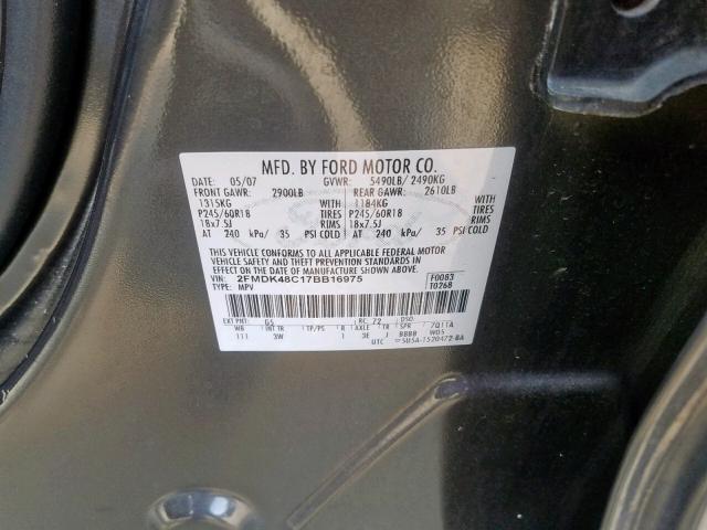 2FMDK48C17BB16975 - 2007 FORD EDGE SEL CHARCOAL photo 10