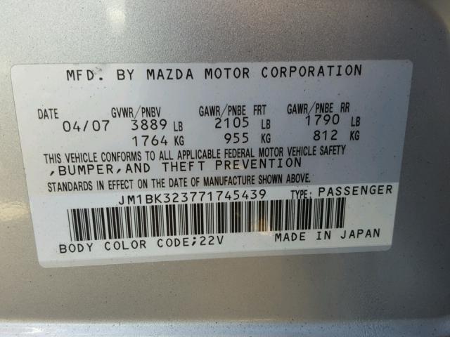 JM1BK323771745439 - 2007 MAZDA 3 S SILVER photo 10