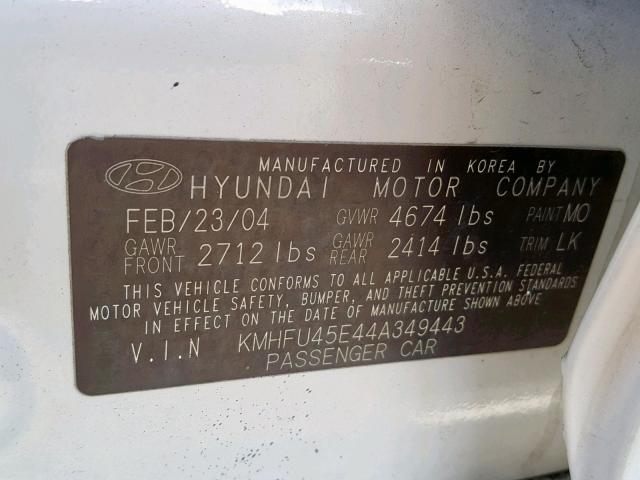 KMHFU45E44A349443 - 2004 HYUNDAI XG 350 WHITE photo 10