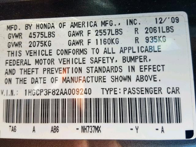 1HGCP3F82AA009240 - 2010 HONDA ACCORD EXL GRAY photo 10