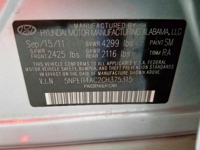 5NPEB4AC2CH375315 - 2012 HYUNDAI SONATA GLS SILVER photo 10